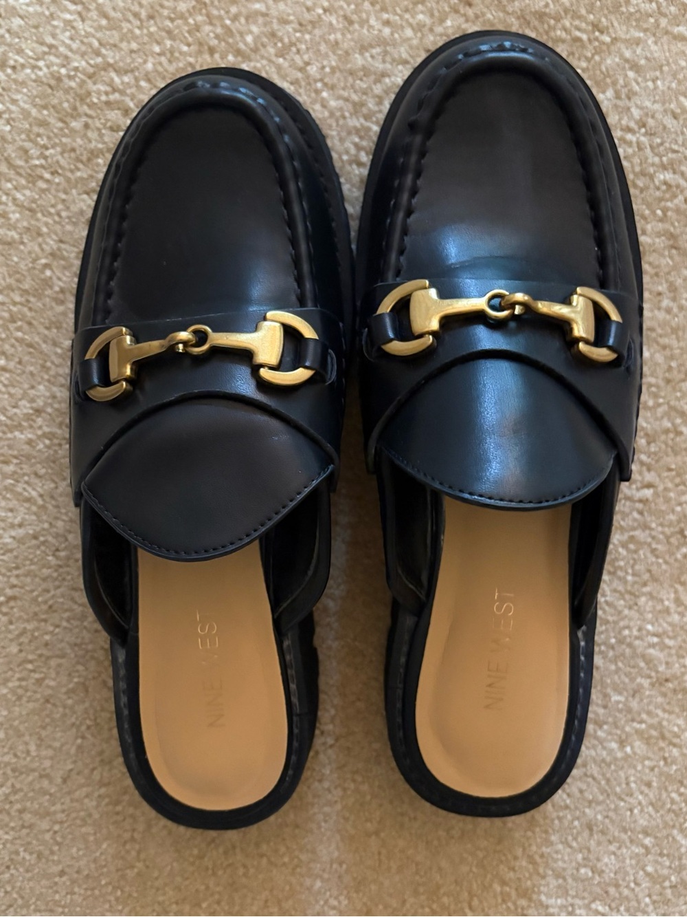 Nine West Black Leather Slip-On Mules with Gold Horsebit Accent